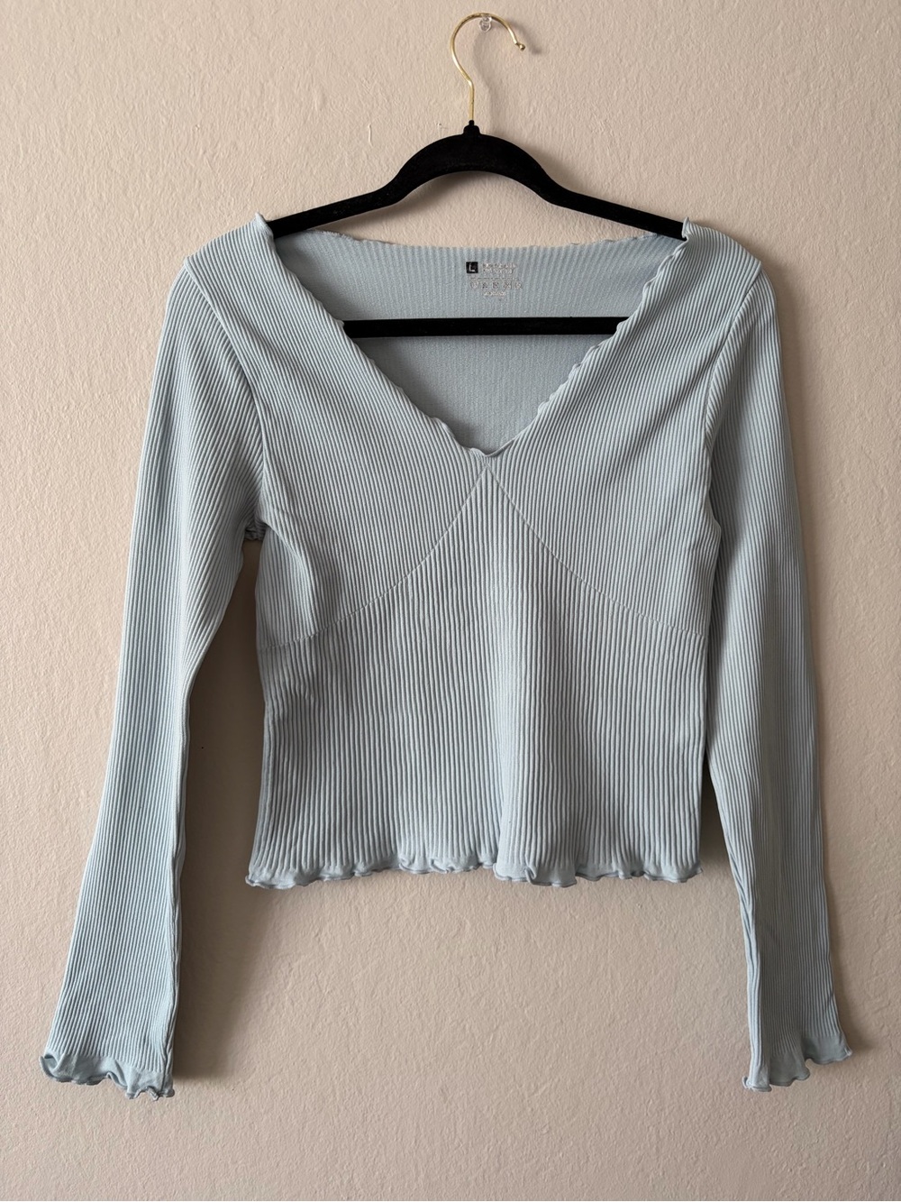 Ribbed V-Neck Long Sleeve Top - Light Blue